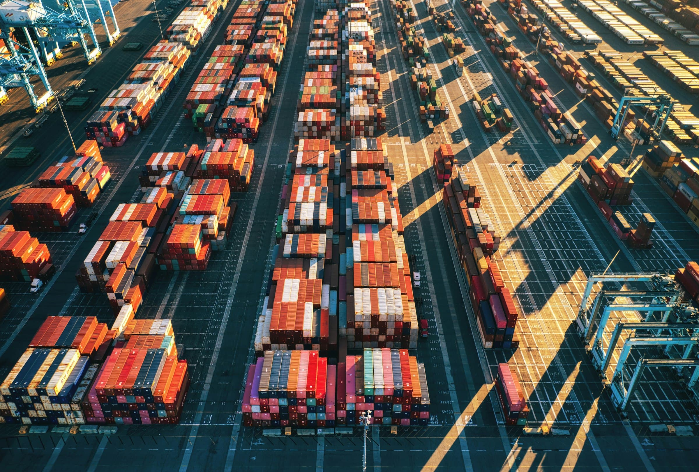 Aerial view of container rows in low evening light