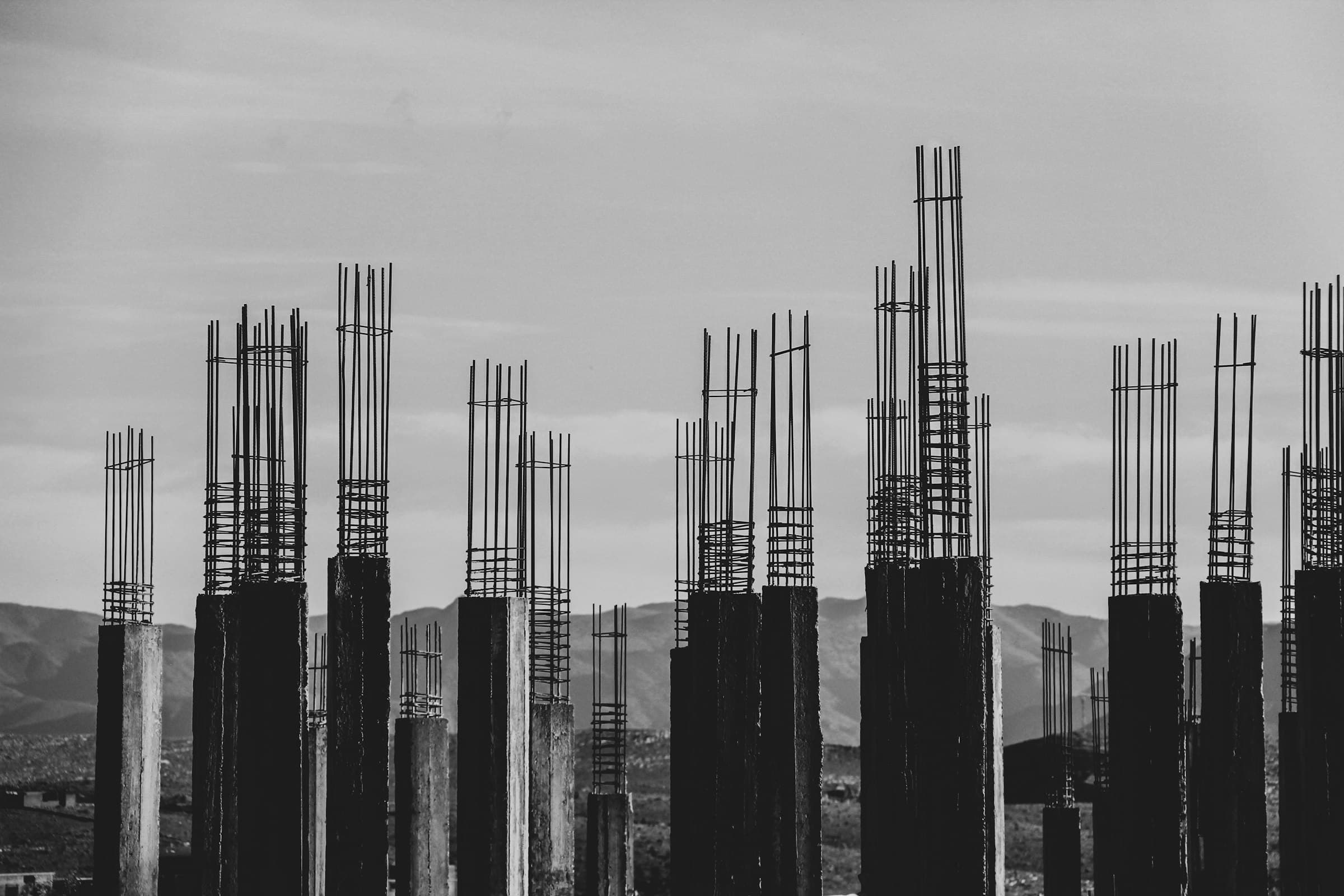 Reinforced concrete columns with exposed rebar rising from a site